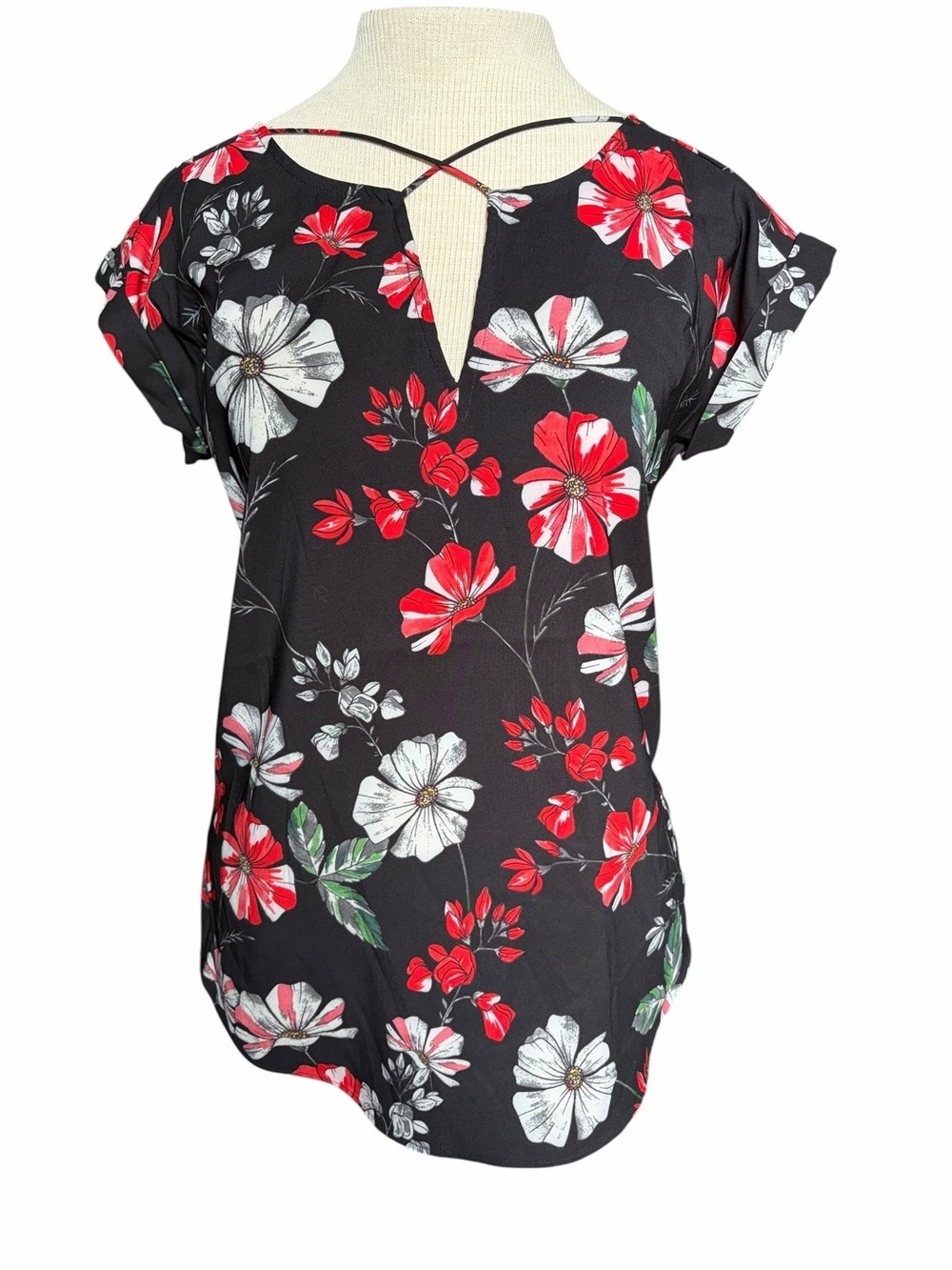 Express Black Floral Short Sleeve Top with Crisscross Neck
